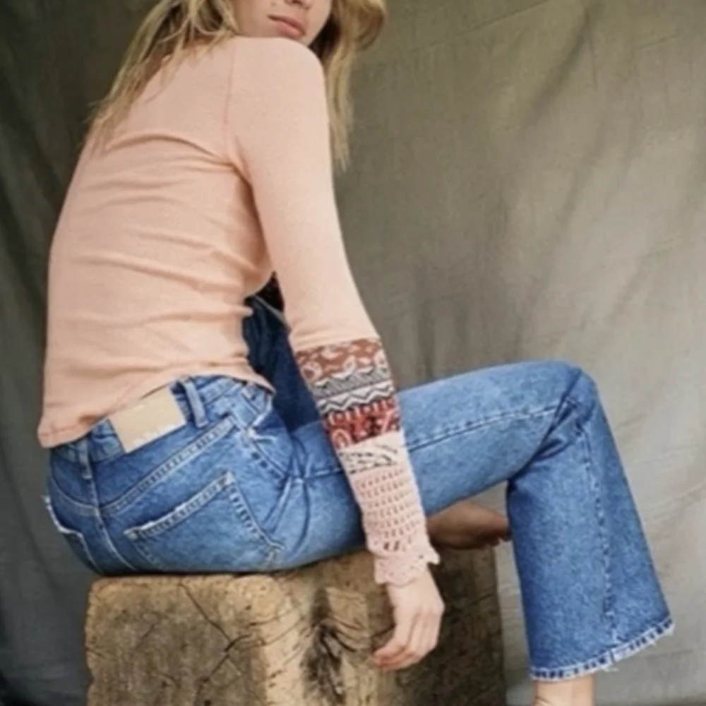 NWT Free People Mix Thermal Cuff Long Sleeve Top Y2K women boho